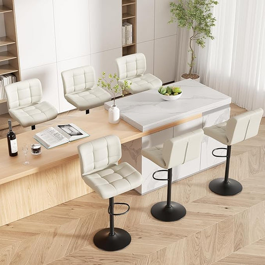 Modern Bar Stools Set of 6, Faux Leather Upholstered Swivel Bar Stools, Adjustable Counter Height Bar Chairs with High Back and Footrest for Kitchen Island (Beige)