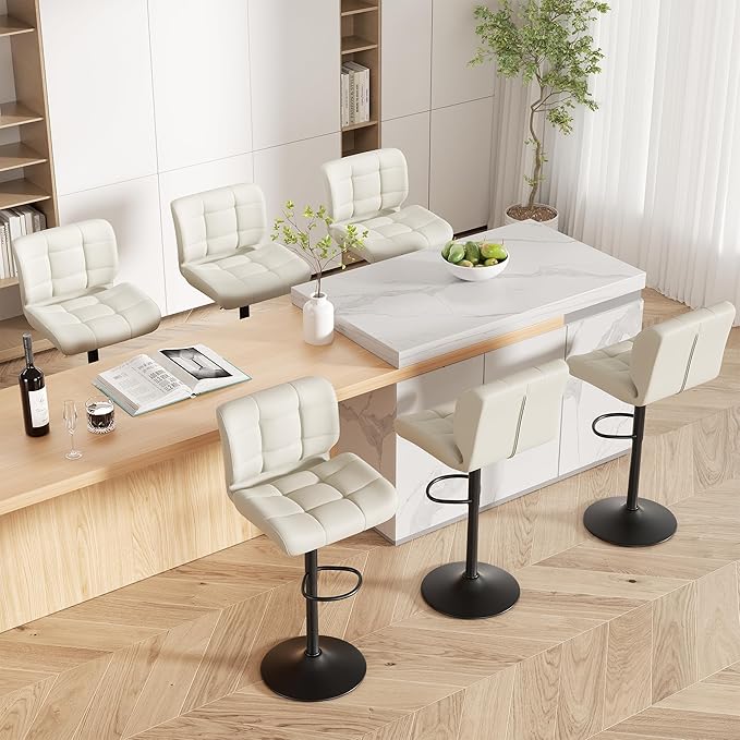 Modern Bar Stools Set of 5, Faux Leather Upholstered Swivel Bar Stools, Adjustable Counter Height Bar Chairs with High Back and Footrest for Kitchen Island (Beige)