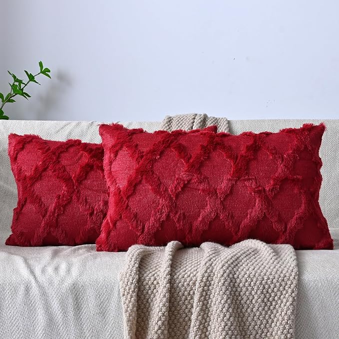 Set of 2 Soft Moroccan Throw Pillow Covers 12x20 Inch Plush Boho Decorative Pillow Cover Accent Cushion Case for Couch Sofa Bed, Burgundy