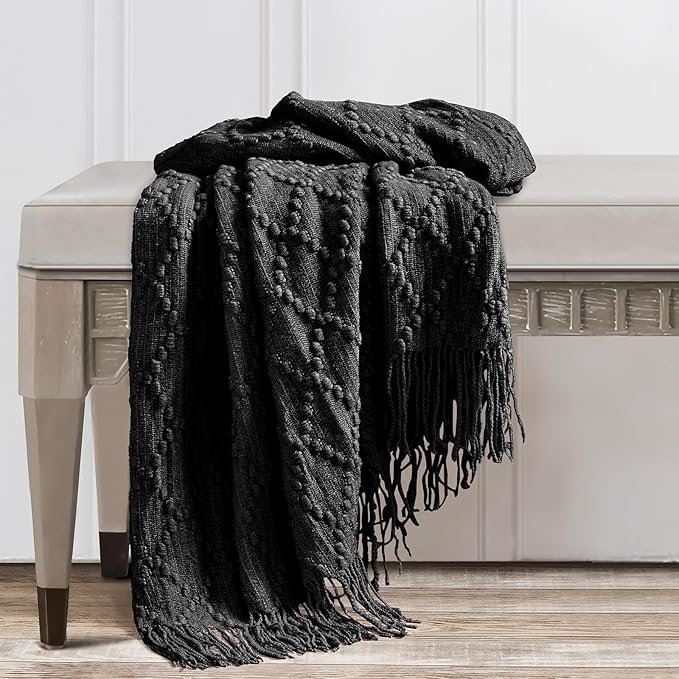 BOURINA Black Throw Blanket 50 x70 Inches Jacquard Argyle Throw Textured Solid Soft Throws and Blankets for Sofa or Bed Knitted Decorative Blanket