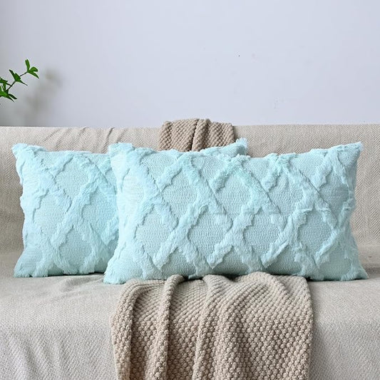 Set of 2 Soft Moroccan Throw Pillow Covers 12x20 Inch Plush Boho Decorative Pillow Cover Accent Cushion Case for Couch Sofa Bed, Light Aqua