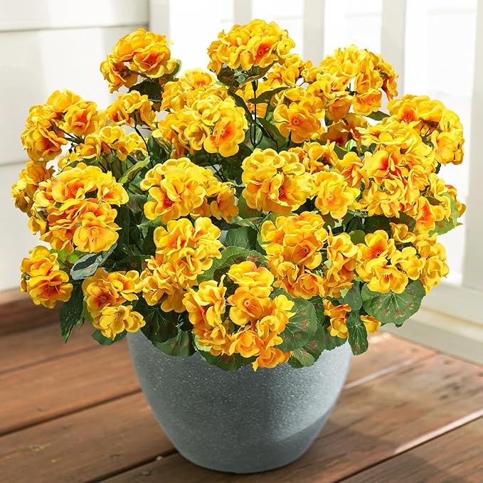 Fake Geraniums Artificial Flowers for Outdoors Fall Autumn Decoration, 6 Bundles Silk Geraniums UV Resistant Look Real Yellow Faux Flowers Plants for Front Door Garden Planter Patio Balcony Yard Home