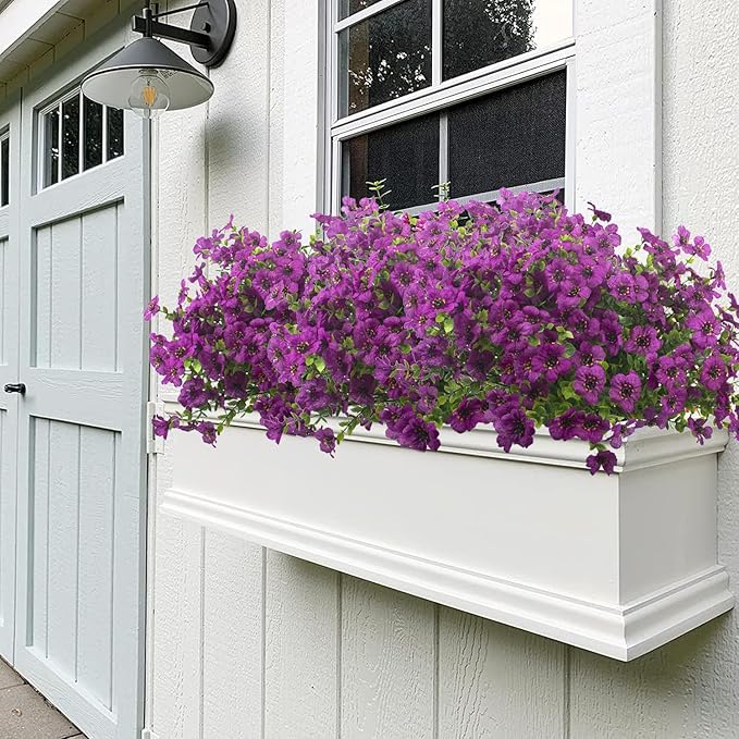 Artificial Fake Flowers for Outdoor Spring Decoration, 16 Bundles Faux Silk Colorful UV Resistant Realistic for Outside Porch Patio Home Yard Garden Planters Pots Window Box (Light Purple)