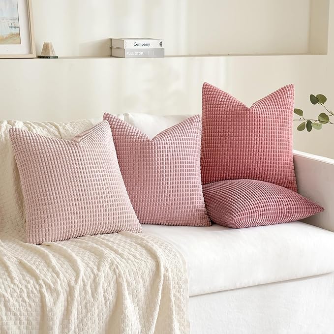 MIULEE Aesthetic Pink Home Decor Pillow Covers 18x18 Inch Set of 4 Romantic Sweet Soft Throw Pillows Coquette Room Decor Corduroy Couch Pillowcases for Sofa Livingroom Bed