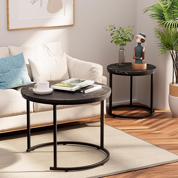 aboxoo Round Nesting Coffee Table Side Set of 2 End Tables for Living Room Bedroom Balcony,Black Faux Marble Wooden Table 23.6IN Accent Large Coffee Table with Steel Frame