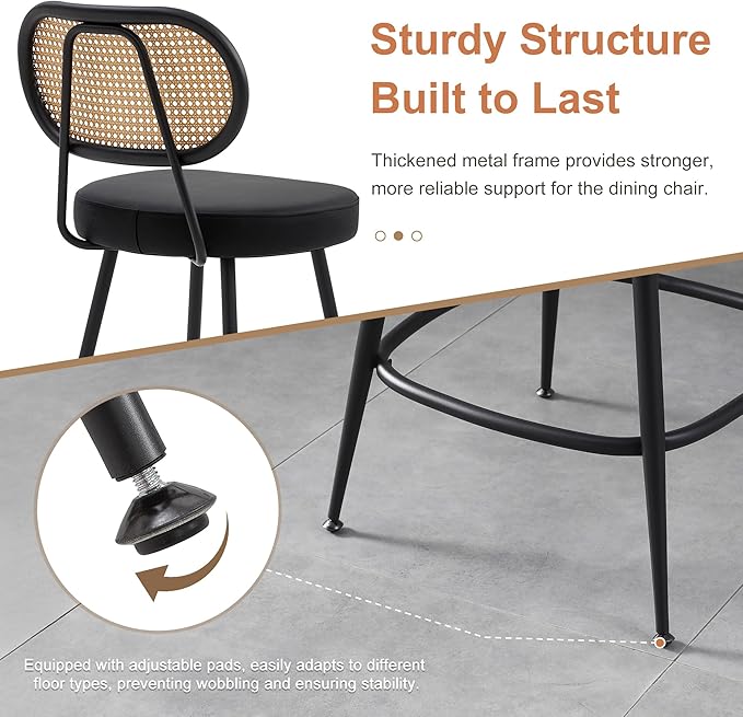 BFZ Counter Height Bar Stools Set of 2, 26" Seat Height Barstools with Rattan Back and Metal Legs, Upholstered Faux Leather Bar Chairs for Kitchen Island, Home Bar, Black