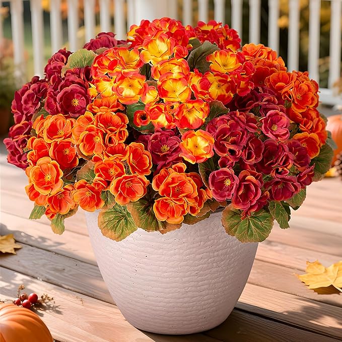 Fake Fall Flowers Artificial for Outdoors Decoration, 6 Bundles Faux Geranium Silk Flower Outside UV Resistant No Fade Artificial Floral for Home Garden Balcony Indoor Table Centerpieces Decor
