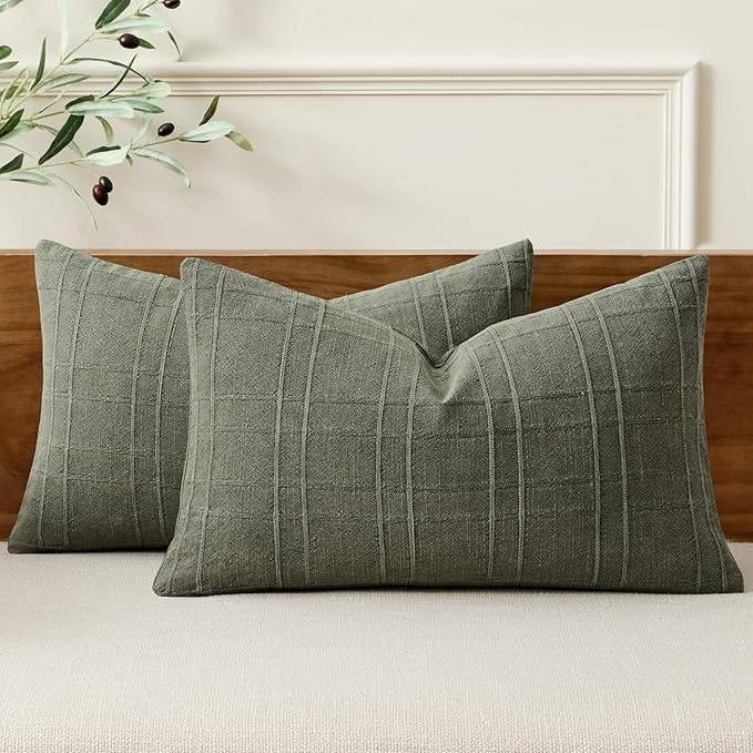 MIULEE Decorative Linen Check Lumar Throw Pillow Covers Neutral Farmhouse Vintage Pillow Covers 12x20 Set of 2 Boho Modern Home Decor for Sofa Couch Bedroom Cushion Olive Green