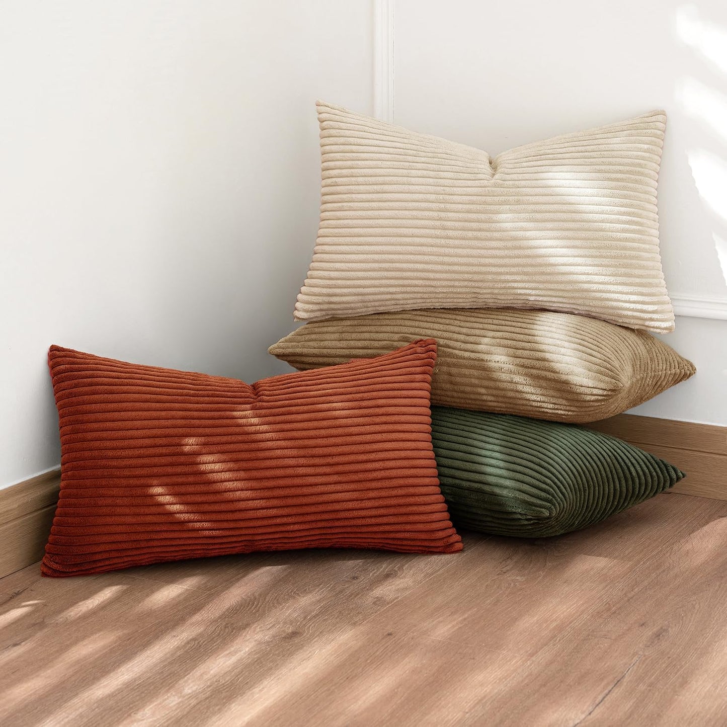 MIULEE Boho Farmhouse Throw Pillow Covers 12x20 Inch Set of 4 Mordern Rust-Olive Green Cushion Covers Soft Corduroy Nordic Home Decor for Spring Couch Bed Sofa Living Room