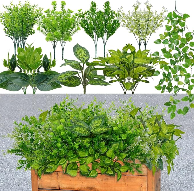 Faux Greenery for Outdoor Planters, 16 Bundles Realistic Fake Green Plastic Plants Artificial Bushes Decor Greenery for Outdoors UV Resistant for Garden Patio Porch Window Box