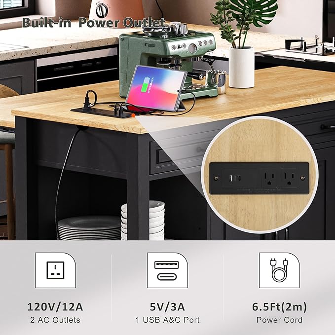 Merax Rolling Kitchen Island on Wheels with Extendable Dining Table & Power Outlet, Wood Kitchen Cart on Wheels with Internal Storage Rack,2 Drawers & 2 Cabinets, 47" Wide Black