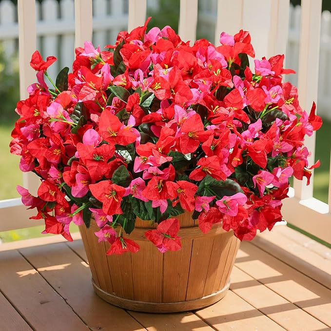 Artificial Flowers for Outdoors, 4 Bundles Fake Bougainvillea Flower UV Resistant Silk Flowers for Outside, Outdoor Faux Plants for Planter Patio Porch Window Garden Home Decoration (RedHotpink)