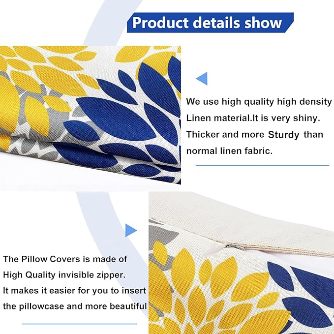 Decorative Throw Pillow Covers Set of 2 Blue Yellow Pillow Covers 22x22 Inch Couch Pillow Covers for Sofa Living Room Outdoor Throw Pillow Cover Linen Floral Flower Farmhouse Pillowcase