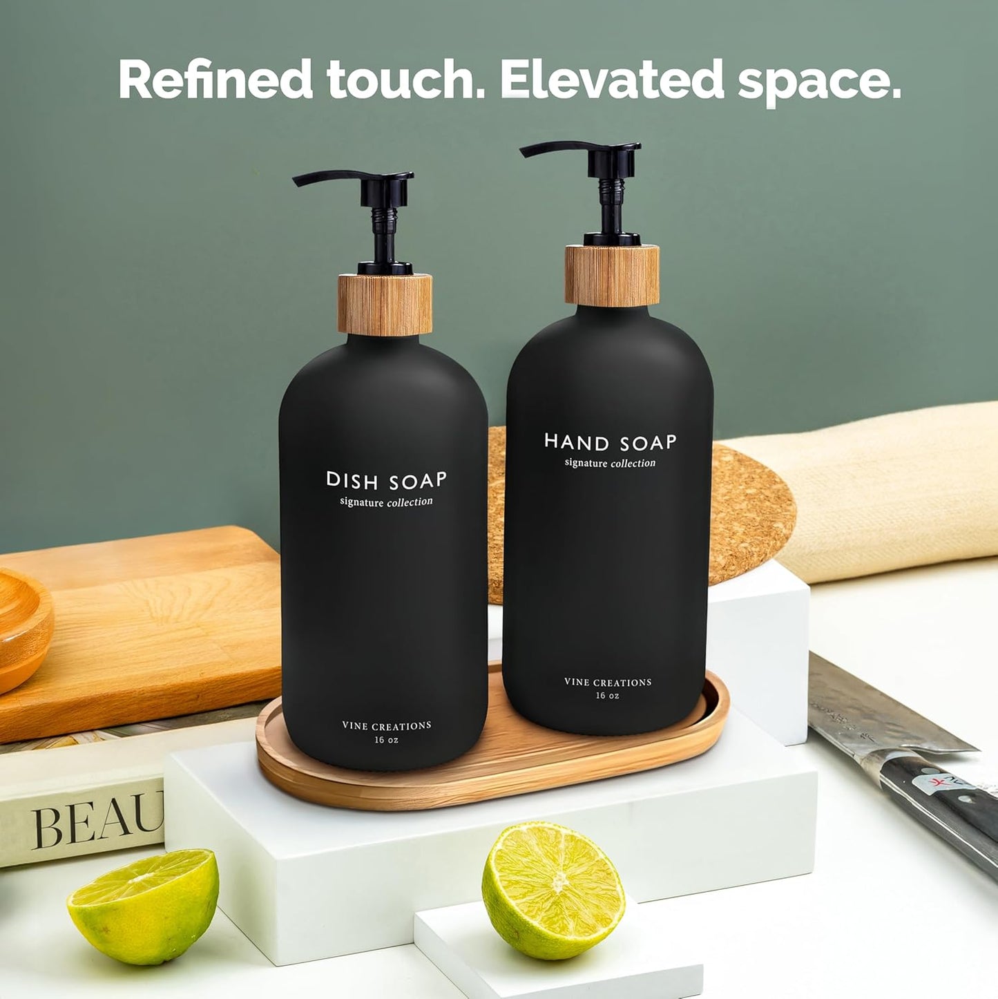 Vine Creations Black Glass Soap Dispenser Set, Hand Soap and Dish Soap Dispenser Set with Bamboo Tray, 16 oz Glass Dispensers Bottle for Kitchen and Bathroom Decor Modern Boho with Bamboo Pump (Black)