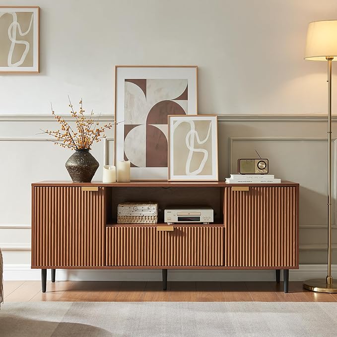 Okvnbjk Modern TV Stand for 65 Inch TV, Fluted TV Consoles for Living Room, Media Console with Soft Hinge & Drawer, Wood Entertainment Center with Storage, Mocha