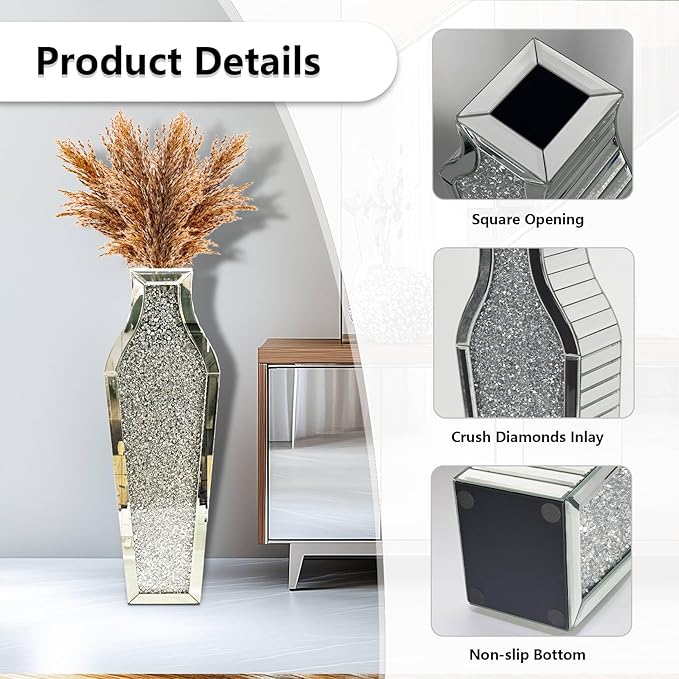 Flower Vase Crushed Diamond: Crystal Silver Mirror Vase Geometric Decorative Vases Large Bling Glass Mirrored Decor for Luxury Home Centerpieces, Won't Hold Water