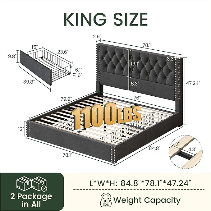 LARMACE King Size Bed Frame with 4 Storage Drawers and Tufted Headboard Linen Upholstered Platform Bed Frame with Heavy Duty Wood Slats, No Box Spring Needed, Easy Assembly, Grey