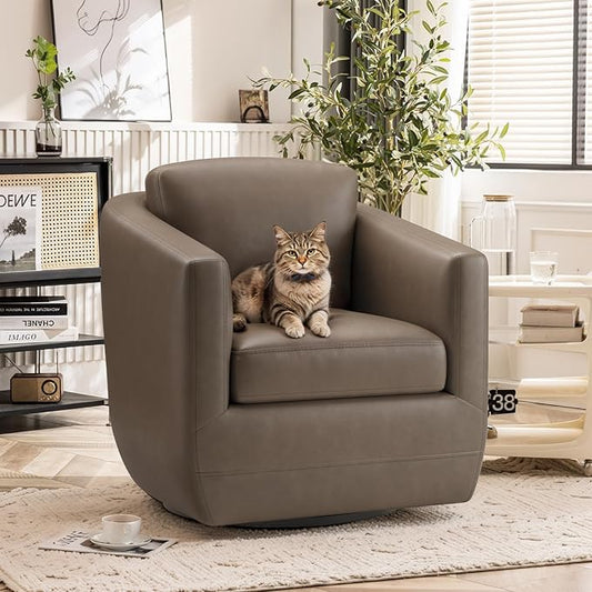 COLAMY 360° Swivel Accent Chair with Pillow, Leather Living Room Armchair No-Sag Foam & Sturdy Metal Base, Fully Assembled Swivel Accent Single Sofa for Bedroom Living Room, Reading Room, Wolf Grey