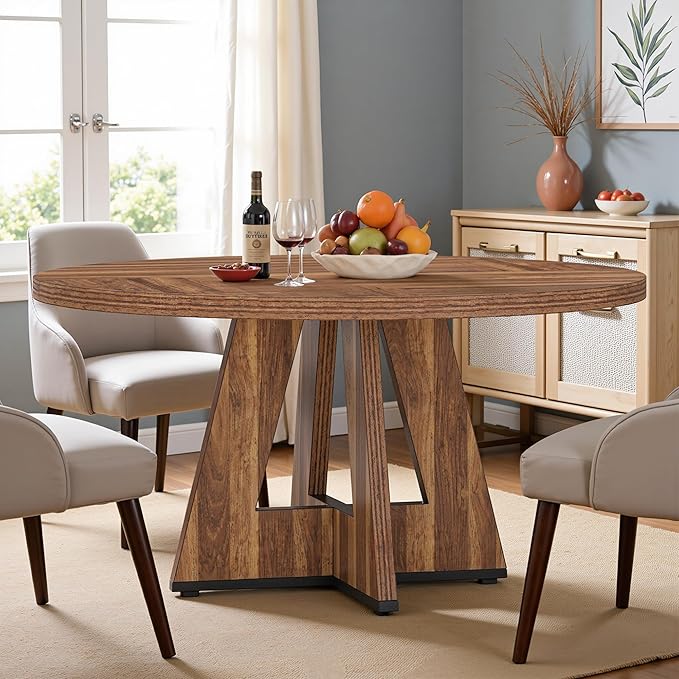 NicBex 47-Inch Round Dining Table for 4, Farmhouse Dinner Table Small Farmhouse Kitchen Tables with Wood Pedestal Base for Dining Room, Kitchen, Living Room, Brown