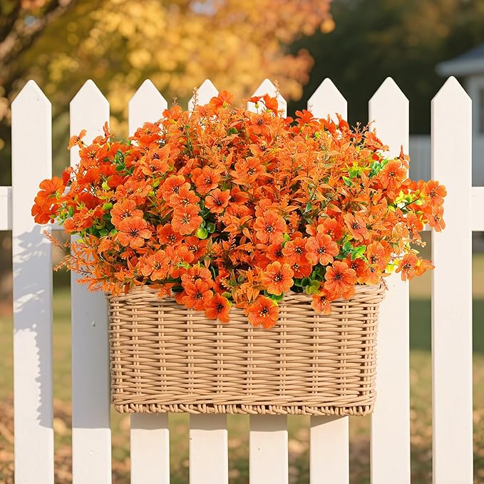 SHareconn 24 Bundles Artificial Fall Flowers for Outdoors Decoration, UV Resistant Silk Eucalyptus Lavender Faux Autumn Fake Plants for Outside Indoor Garden Yard Porch Home Decor, Orange