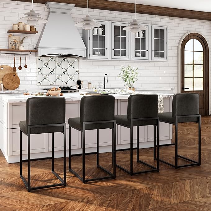 ALPHA HOME 24 Inch Bar Stools Set of 2 Kitchen Counter Stools with Back Pu Leather Counter Chair Counter Height Bar Stools with Upholstered Footrest Sturdy Chromed Metal Steel Frame, Grey