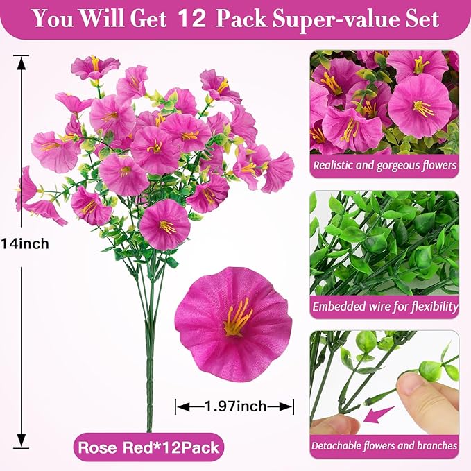 12 Bundles Artificial Flowers for Outdoors Decorations, Fake Flowers Artificial Plants Outdoor, Colorful Faux Morning Glory Realistic UV Resistant for Garden Patio Porch Home Decor (Rosered)