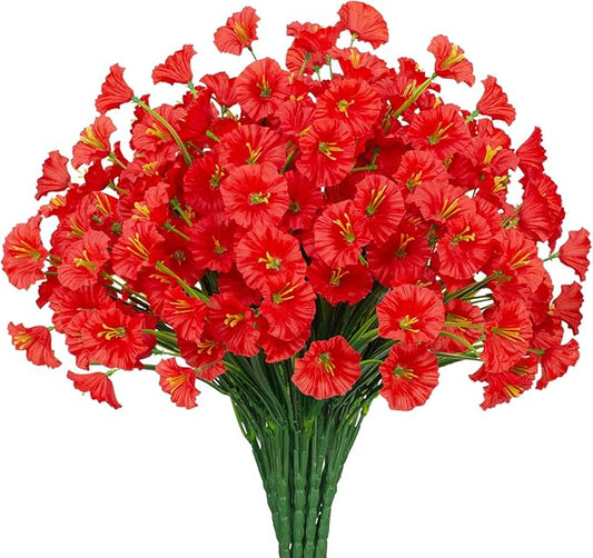 15 Bundles Artificial Flowers UV Resistant Outdoor Plants No Fade Faux Plastic Shrubs Fake Silk Flowers Window Box Garden Porch Home Decoration (Morning Glory Red)