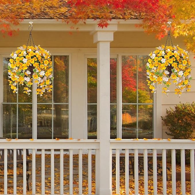 Artificial Fake Fall Hanging Flower Plants Basket for Outdoors Decoration, Faux Silk Hibiscus Long Vines in Planter UV Resistant Realistic Flowers for Outside Patio Porch Home Decor (YellowWhite)