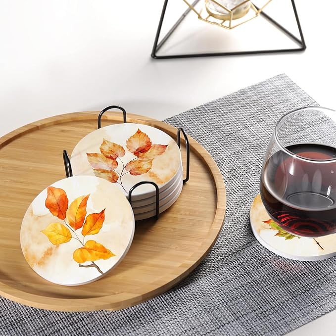 Fall Drink Absorbent Coasters with Holder Set of 6, Ceramic Stone with Cork Base, Watercolor Orange Falling Maple Leaves Coaster for Drinks, Gift for Housewarming Room Bar Home Decor Kitchen