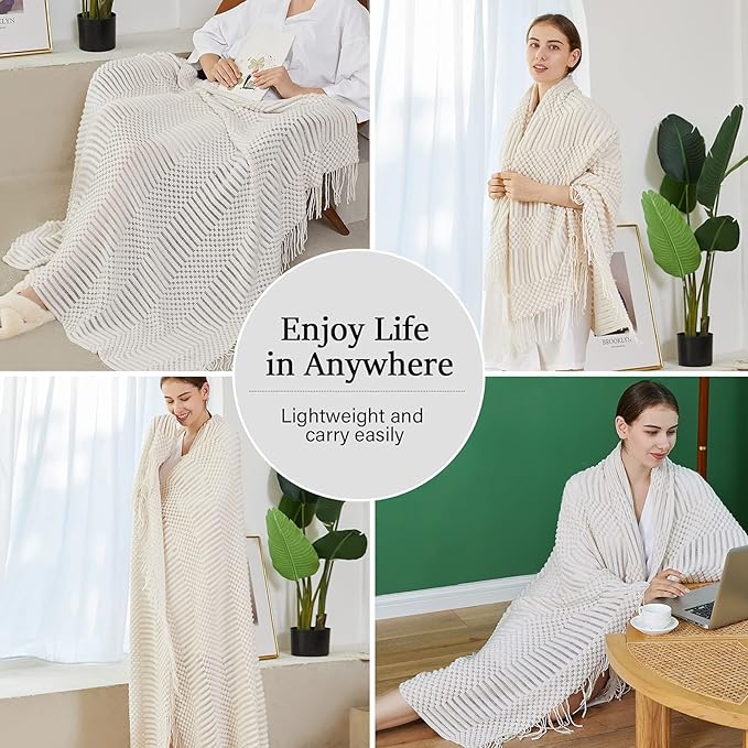 Blagic Knitted Throw Blanket for Couch Soft Farmhouse Boho Throw Blanket with Tassels Home Decorative Lightweight Throw Blankets,White Throws for Bed/Chair/Sofa, Pineapple Textured,60" W x 80" L