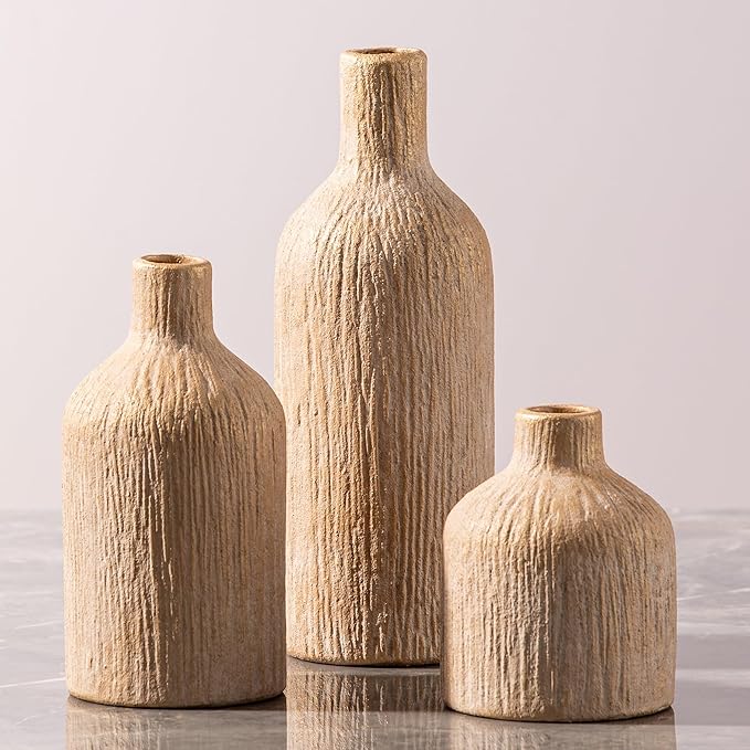 Ceramic Vase Home Table Decor - Gold Flower Vase Set of 3 Living Room Kitchen Decorations Farmhouse Modern Rustic Vases Decorative Centerpiece for Shelf Bedroom Office Bathroom Dining Coffee Desk