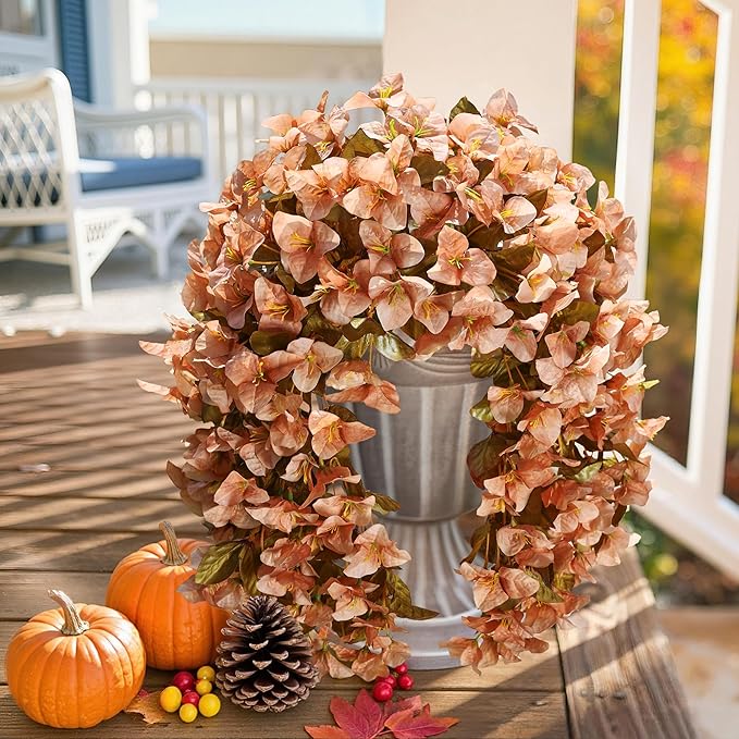 Bougainvillea Artificial Fall Hanging Flowers Plants for Outdoors Autumn Decoration, 2pcs Faux Bougainvillea Vines Brown Fake Flowers Realistic UV Resistant Silk Flowers for Outside Planter Yard Home