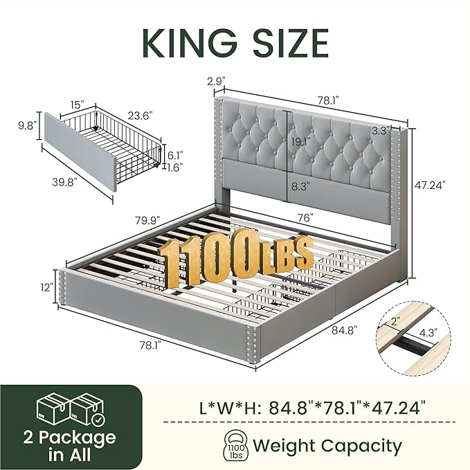 LARMACE King Size Bed Frame with 4 Storage Drawers and Tufted Headboard Velvet Upholstered Platform Bed Frame with Heavy Duty Wood Slats, No Box Spring Needed, Easy Assembly, Bluish Grey
