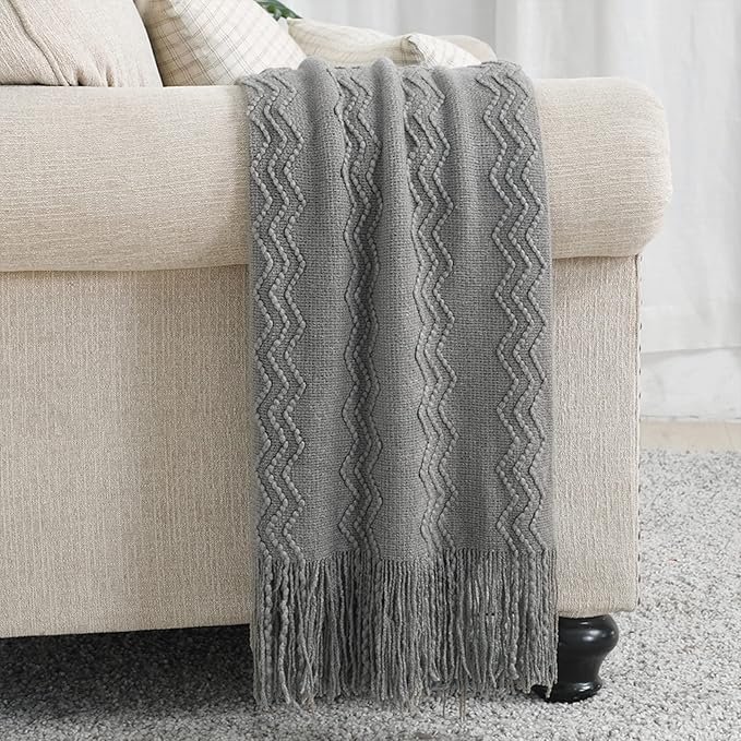BOURINA Greyish Throw Blanket 50x60 Inches Throw Textured Solid Soft Sofa Couch Decorative Knit Blanket