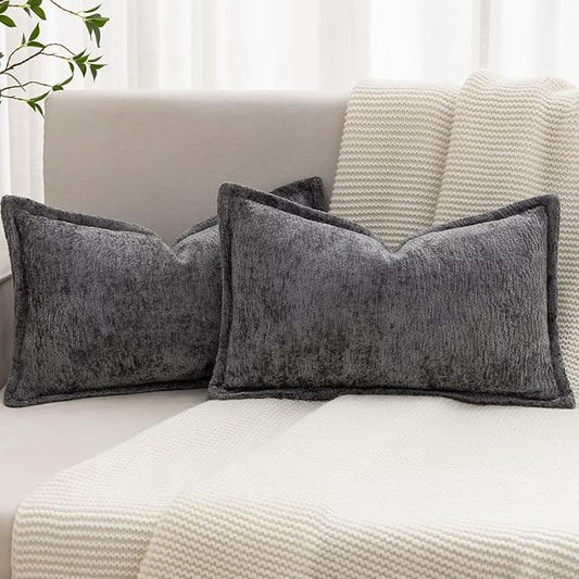 Grey Decorative Throw Pillow Covers 12x20 Inch Set of 2 Cozy Soild Chenille Cushion Cases Soft Textured Lumbar Couch Pillows Cover Boho Accent Farmhouse Pillowcases for Sofa Bed