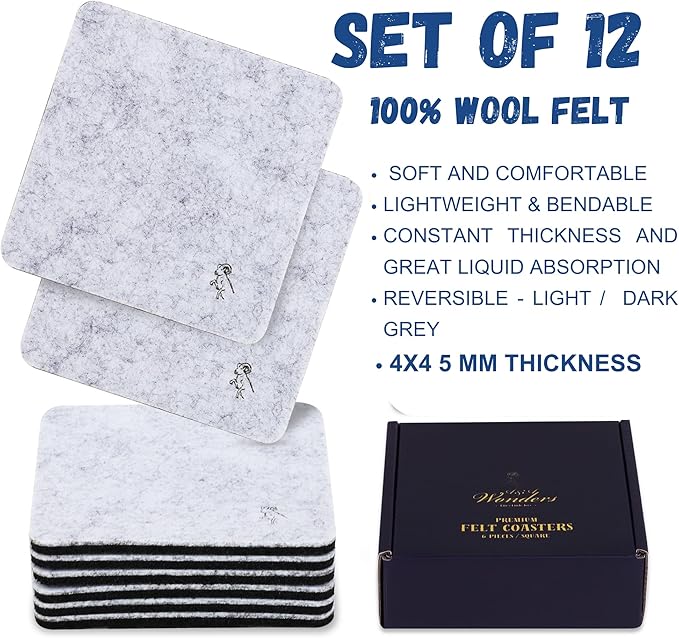 A&A Wonders Premium Felt Coasters for Drink, Two-Tone Reversible, Absorbent Felt Protects Furniture, Table, Anti Slip, Suitable for Drinks & All Table Types (Light Gray/Dark Gray, Square 12 Pack)