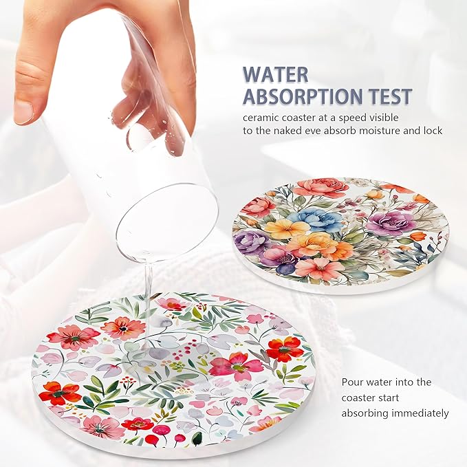 6 Pcs Coasters for Drinks with Holder, Vintage Watercolor Flowers Absorbent Ceramic Coasters with Cork Base,Cute Funny Table Drinks Coasters Tabletop Protection Mat,Table Home Decor,4 Inches