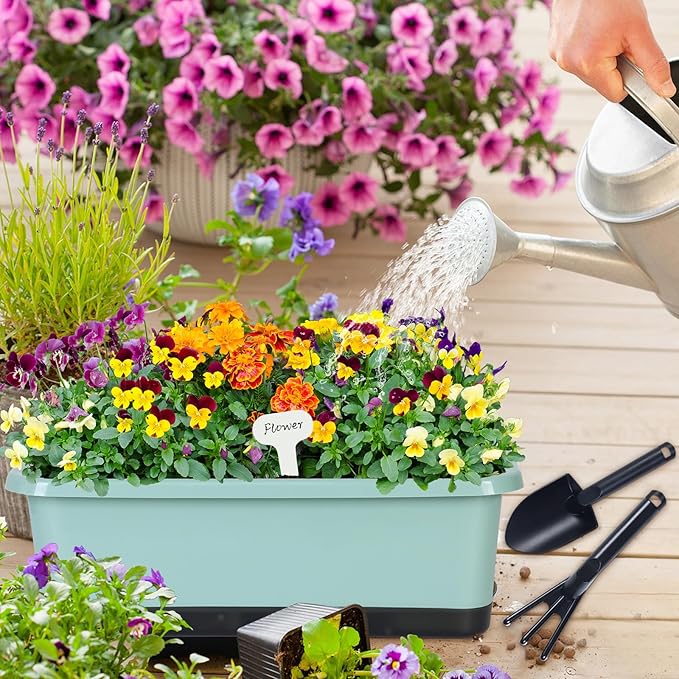 Window Box Planter 6 Pcs, 18 Inches Rectangle Flower Pots with Drainage Holes and Trays, Vegetable Planters for Windowsill Patio Garden Balcony Home Porch Yard Indoor Outdoor (Green, 18*10*6 inch)