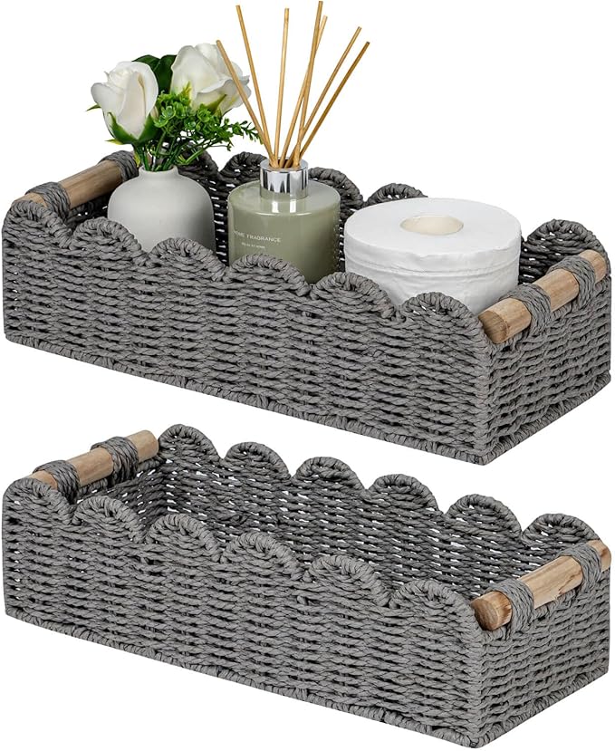 CubesLand Scalloped Decor Basket for Living Room, Home, Bathroom, 2SAME SIZE Paper Rope Basket, Toilet Storage Baskets for Over Toilet Storage Shelf, Cozy Woven Basket Both Storage&Decor, Grey