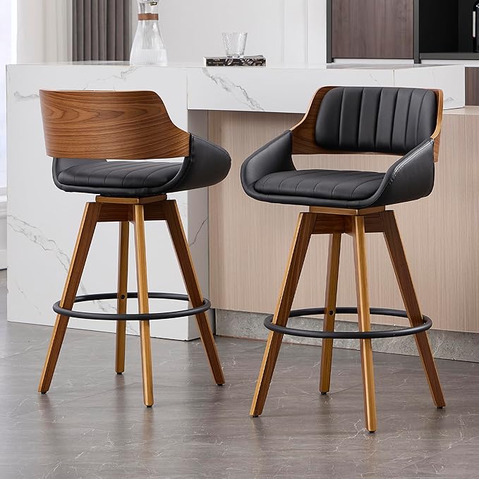 Swivel Bar Stools Set of 2, Walnut Counter Height Bar Stools with Back and Arms, 26" Modern Faux Leather Upholstered Bar Chairs for Kitchen Island Bar-Black