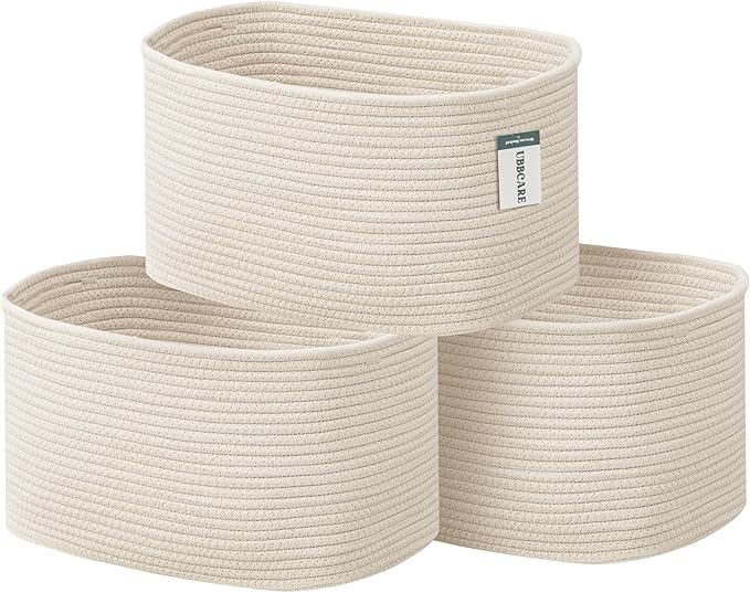 UBBCARE 3-Pack Woven Rope Shelf Baskets - 15x10x9in Decorative Storage Basket for Toys, Kids Playroom, Closet Organization & Cube Storage Organizer | Gift Basket Empty, Beige