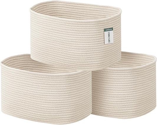 UBBCARE 3-Pack Woven Rope Shelf Baskets - 15x10x9in Decorative Storage Basket for Toys, Kids Playroom, Closet Organization & Cube Storage Organizer | Gift Basket Empty, Beige