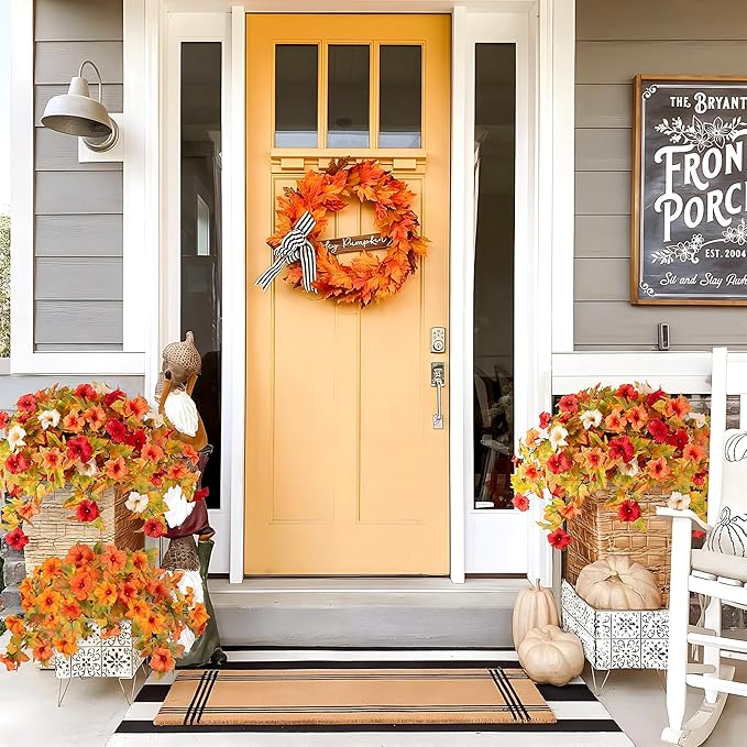 Fall Flowers Artificial for Decoration Fake Petunias Plants for Outdoor, 2PCS Autumn Silk Faux Flower UV Resistant No Fade Floral for Garden Balcony Yard Porch Realistic Indoor Decor (Orange White)