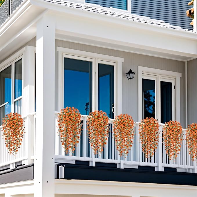 Fake Mums Artificial Hanging Flowers for Outdoor Fall Decoration, 2 PCS Silk Daisy Flower Realistic Faux Plants UV Resistant for Porch Patio Window Yard Outside Autumn Decor(Orange)