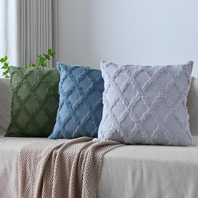 Set of 2 Soft Moroccan Throw Pillow Covers 16x16 Inch Plush Boho Decorative Pillow Cover Accent Cushion Case for Couch Sofa Bed, Grey Blue