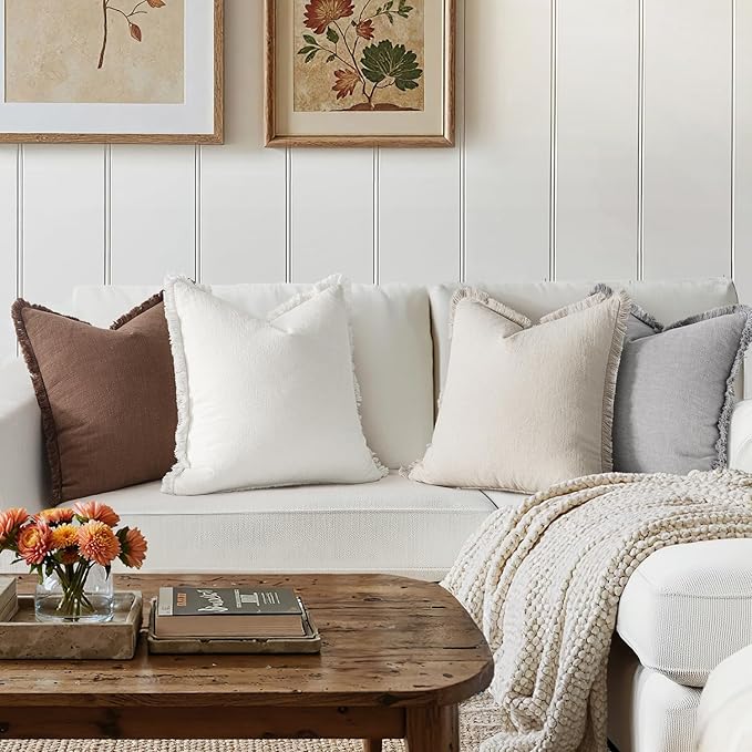 MIULEE Decorative Couch Pillow Covers Neutral Linen Fringe Throw Pillows Set of 4 Mid Modern Cushions Boho Farmhouse Pillowcases for Bed Sofa Living Room Home Decor 18x18 Inch Beige/Brown/Grey