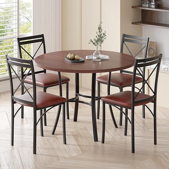 VECELO 36" Round Dining Table for 4, Wood Grain Dinette with Metal Frame for Kitchen, Apartment, Home, Space-Saving, Brown