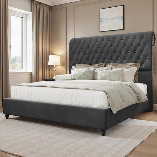 Jocisland Queen Bed Frame with 53" Tall Headboard, Velvet Upholstered Platform Sleigh Bed with Button Tufted, Solid Wood Legs, No Box Spring Needed, Easy Assembly, Dark Gray