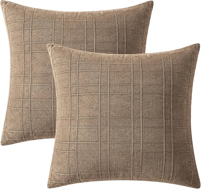 MIULEE Decorative Linen Check Euro Shams Throw Pillow Covers Neutral Farmhouse Vintage Pillow Covers 28x28 Set of 2 Boho Modern Winter Home Decor for Sofa Couch Bedroom Cushion Light Brown