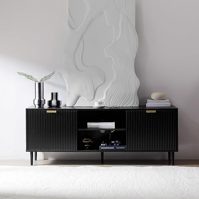 Okvnbjk Black TV Stand, Modern TV Consoles for Living Room 65+ Inch TV, Fluted Panel Media Console with Sliding Doors & Ajustable Shelves, Entertainment Stand with Storage Cabinets